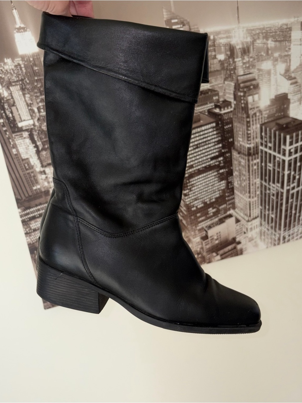 Naturalizer Black Leather Mid-Calf Fold-Over Heeled Boot